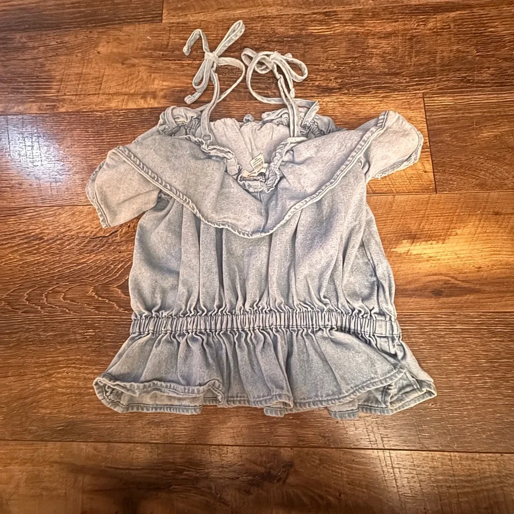 American Eagle Off Shoulder Denim Ruffle Top Boho Blouse - Picture 5 of 5